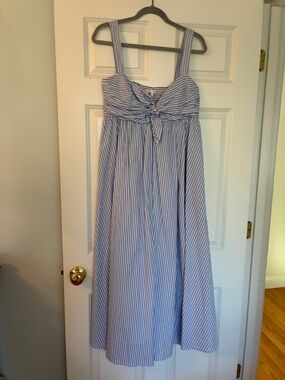 Olivaceous Blue and White Striped Tie-Front Maxi Dress